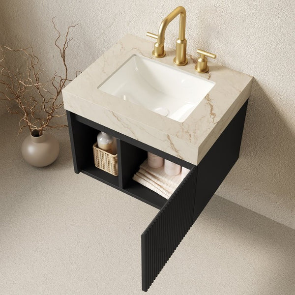 English Elm Eiden Floating Bathroom Vanity with Sintered Stone Top and Fluted Matte Black Cabinet W2615S00808