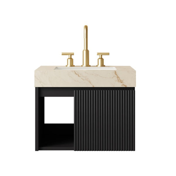 English Elm Eiden Floating Bathroom Vanity with Sintered Stone Top and Fluted Matte Black Cabinet W2615S00808