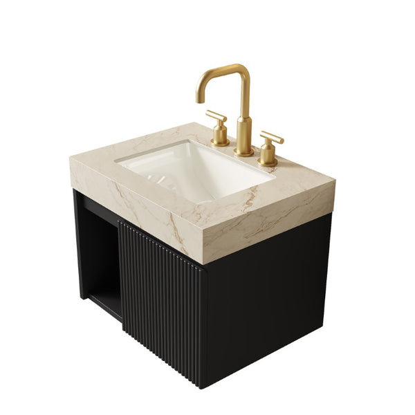 English Elm Eiden Floating Bathroom Vanity with Sintered Stone Top and Fluted Matte Black Cabinet W2615S00808