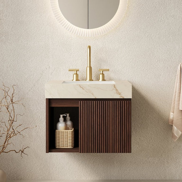 English Elm Eiden Floating Bathroom Vanity with Sintered Stone Top and Walnut Fluted Cabinet W2615S00810
