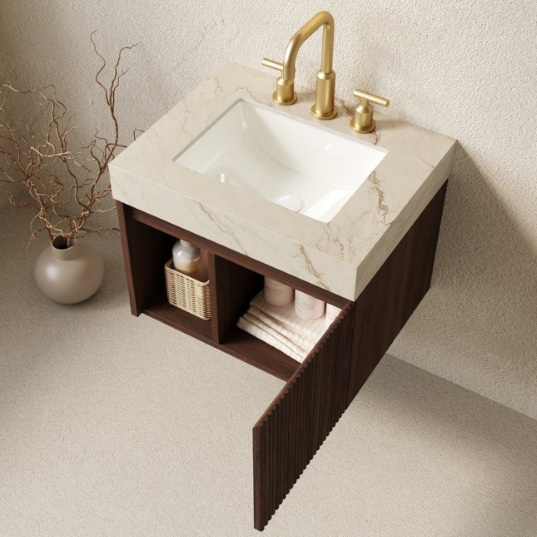 English Elm Eiden Floating Bathroom Vanity with Sintered Stone Top and Walnut Fluted Cabinet W2615S00810
