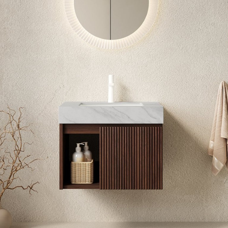 English Elm Eiden Floating Bathroom Vanity with Sintered Stone Top and Fluted Wood Cabinet Light Grey, Walnut W2615S00840