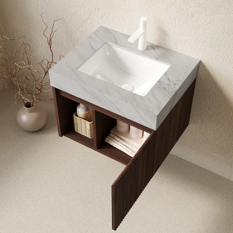 English Elm Eiden Floating Bathroom Vanity with Sintered Stone Top and Fluted Wood Cabinet Light Grey, Walnut W2615S00840