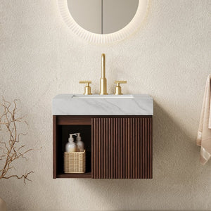 English Elm Eiden Floating Bathroom Vanity Sintered Stone Top Fluted Wood Cabinet with Soft Close W2615S00841