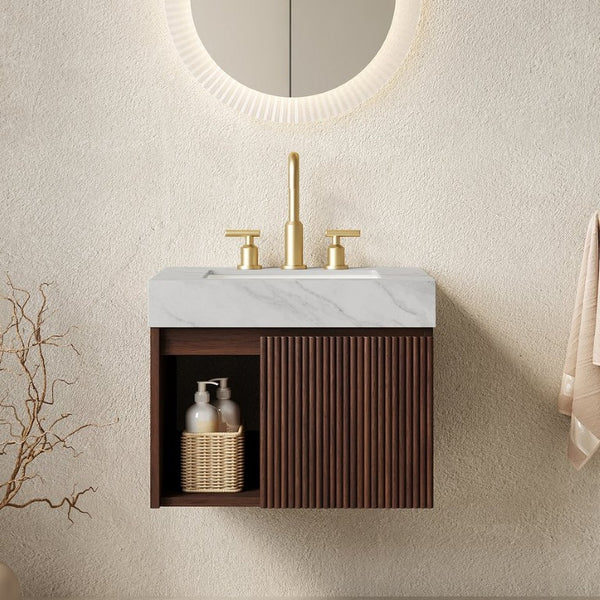 English Elm Eiden Floating Bathroom Vanity Sintered Stone Top Fluted Wood Cabinet with Soft Close W2615S00841