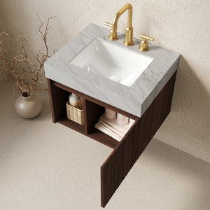 English Elm Eiden Floating Bathroom Vanity Sintered Stone Top Fluted Wood Cabinet with Soft Close W2615S00841