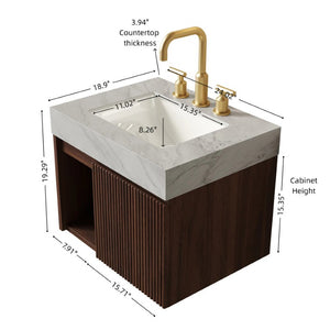 English Elm Eiden Floating Bathroom Vanity Sintered Stone Top Fluted Wood Cabinet with Soft Close W2615S00841