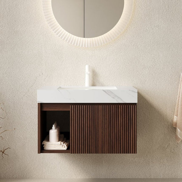 English Elm Eiden 30 Inch Floating Bathroom Vanity Walnut Fluted Wood Sintered Stone Top Basin W2615S00842