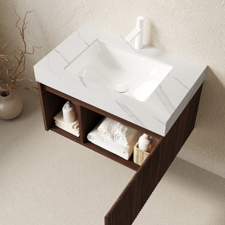 English Elm Eiden 30 Inch Floating Bathroom Vanity Walnut Fluted Wood Sintered Stone Top Basin W2615S00842