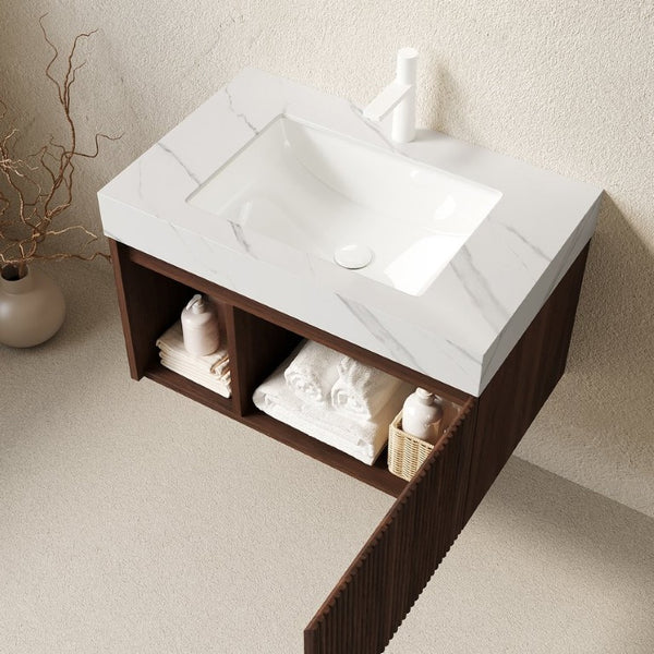English Elm Eiden 30 Inch Floating Bathroom Vanity Walnut Fluted Wood Sintered Stone Top Basin W2615S00842