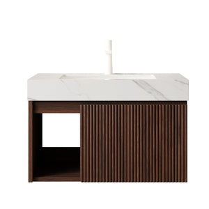 English Elm Eiden 30 Inch Floating Bathroom Vanity Walnut Fluted Wood Sintered Stone Top Basin W2615S00842