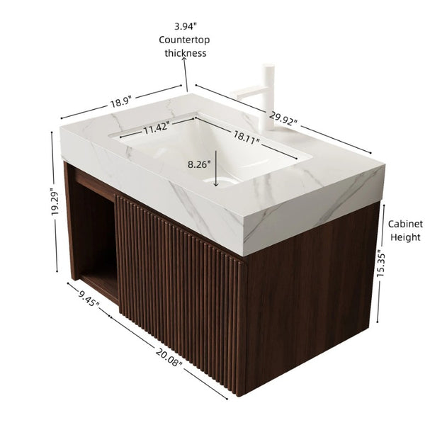 English Elm Eiden 30 Inch Floating Bathroom Vanity Walnut Fluted Wood Sintered Stone Top Basin W2615S00842