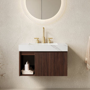 English Elm Eiden Floating Bathroom Vanity Fluted Walnut Cabinet with Sintered Stone Top W2615S00843
