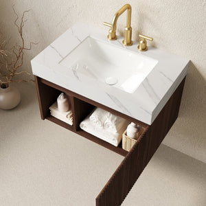 English Elm Eiden Floating Bathroom Vanity Fluted Walnut Cabinet with Sintered Stone Top W2615S00843