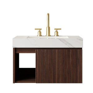 English Elm Eiden Floating Bathroom Vanity Fluted Walnut Cabinet with Sintered Stone Top W2615S00843