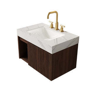 English Elm Eiden Floating Bathroom Vanity Fluted Walnut Cabinet with Sintered Stone Top W2615S00843