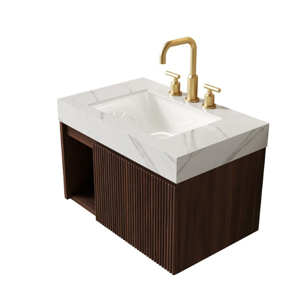 English Elm Eiden Floating Bathroom Vanity Fluted Walnut Cabinet with Sintered Stone Top W2615S00843