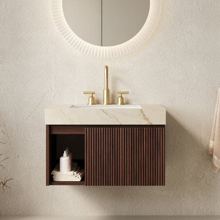 English Elm Eiden Floating Bathroom Vanity with Sintered Stone Top and Walnut Woodgrain Cabinet W2615S00845