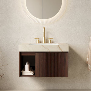 English Elm Eiden Floating Bathroom Vanity with Sintered Stone Top and Walnut Woodgrain Cabinet W2615S00845