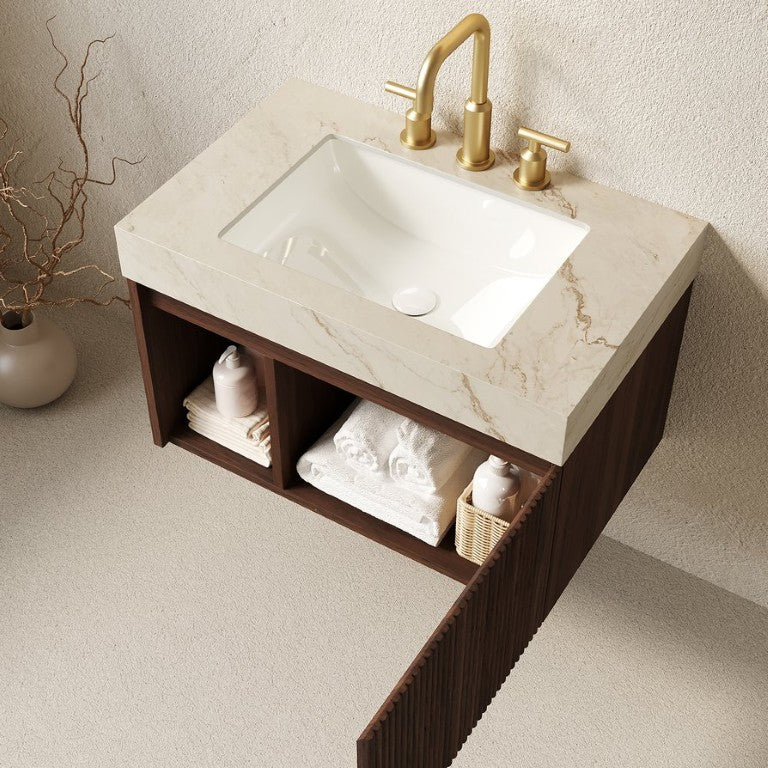 English Elm Eiden Floating Bathroom Vanity with Sintered Stone Top and Walnut Woodgrain Cabinet W2615S00845