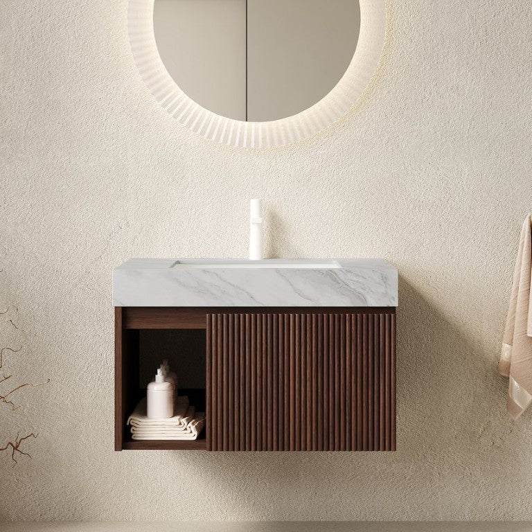 English Elm Eiden Wall Mounted Bathroom Vanity Fluted Wood Cabinet Sintered Stone Countertop Light Grey, Walnut W2615S00846