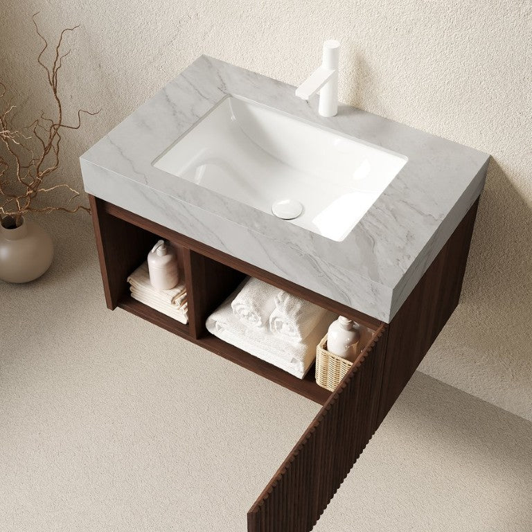 English Elm Eiden Wall Mounted Bathroom Vanity Fluted Wood Cabinet Sintered Stone Countertop Light Grey, Walnut W2615S00846