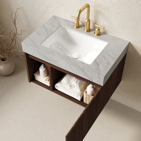 English Elm Eiden 30 Inch Floating Bathroom Vanity Walnut Fluted Cabinet Sintered Stone Top W2615S00847