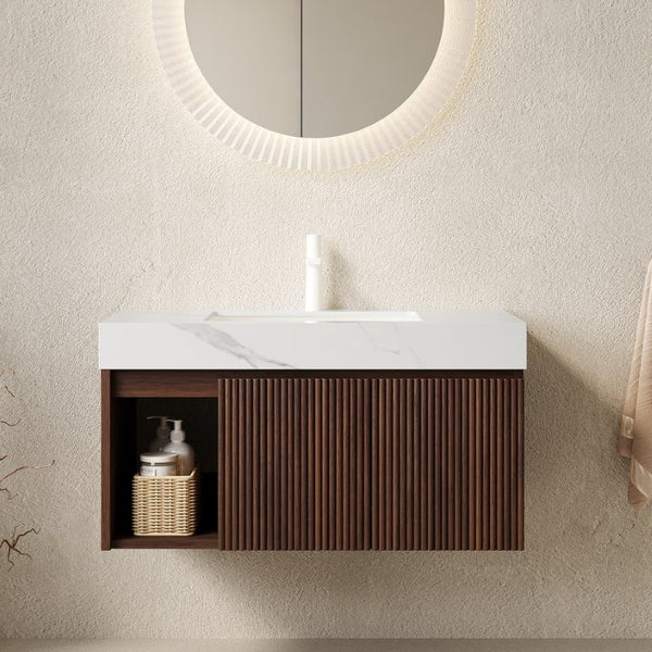 English Elm Eiden Floating Bathroom Vanity Fluted Walnut Cabinet with Sintered Stone Countertop Carrara White W2615S00848