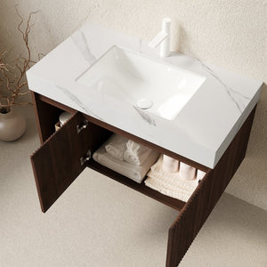 English Elm Eiden Floating Bathroom Vanity Fluted Walnut Cabinet with Sintered Stone Countertop Carrara White W2615S00848