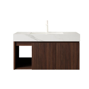English Elm Eiden Floating Bathroom Vanity Fluted Walnut Cabinet with Sintered Stone Countertop Carrara White W2615S00848