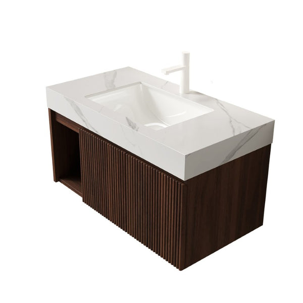 English Elm Eiden Floating Bathroom Vanity Fluted Walnut Cabinet with Sintered Stone Countertop Carrara White W2615S00848