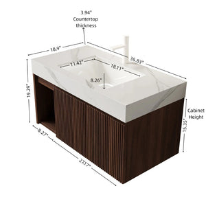 English Elm Eiden Floating Bathroom Vanity Fluted Walnut Cabinet with Sintered Stone Countertop Carrara White W2615S00848