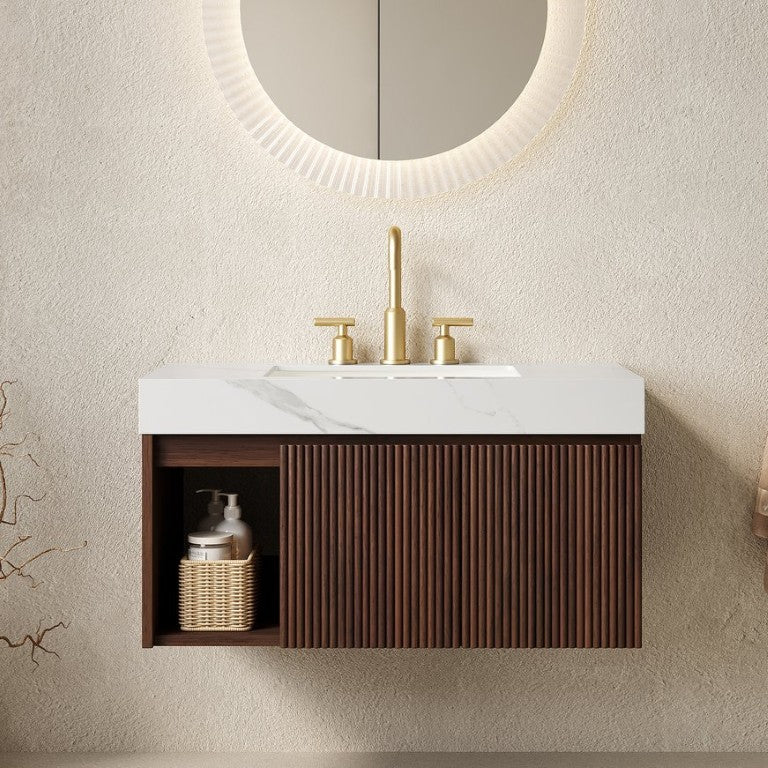 English Elm Eiden Floating Bathroom Vanity Fluted Cabinet Walnut Finish Sintered Stone Top W2615S00849