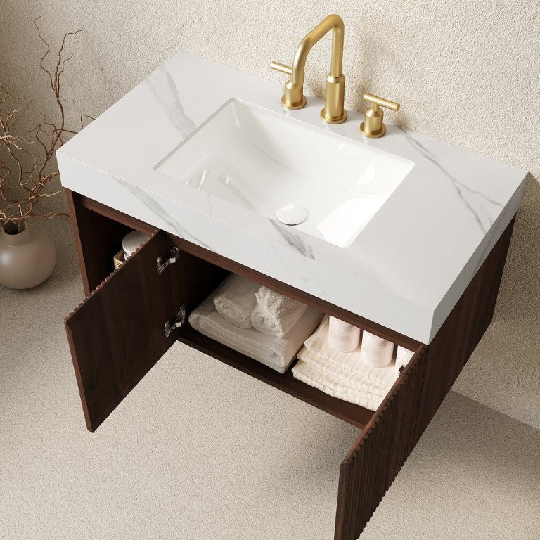 English Elm Eiden Floating Bathroom Vanity Fluted Cabinet Walnut Finish Sintered Stone Top W2615S00849