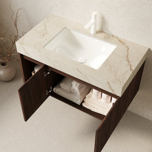 English Elm Eiden Floating Bathroom Vanity Fluted Walnut Cabinet with Sintered Stone Countertop Cream Gold Vein W2615S00850