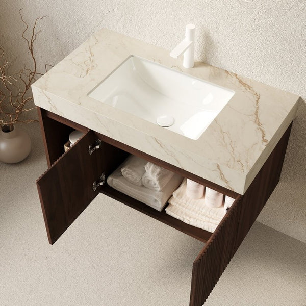 English Elm Eiden Floating Bathroom Vanity Fluted Walnut Cabinet with Sintered Stone Countertop Cream Gold Vein W2615S00850