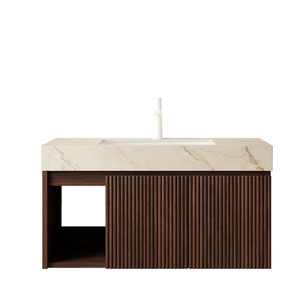 English Elm Eiden Floating Bathroom Vanity Fluted Walnut Cabinet with Sintered Stone Countertop Cream Gold Vein W2615S00850