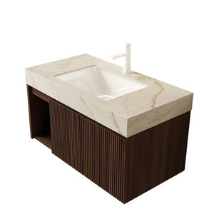 English Elm Eiden Floating Bathroom Vanity Fluted Walnut Cabinet with Sintered Stone Countertop Cream Gold Vein W2615S00850