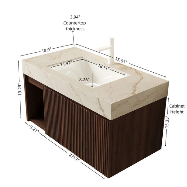 English Elm Eiden Floating Bathroom Vanity Fluted Walnut Cabinet with Sintered Stone Countertop Cream Gold Vein W2615S00850