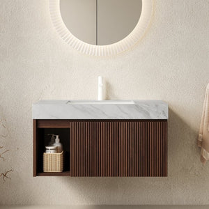 English Elm Eiden Floating Bathroom Vanity Fluted Walnut Cabinet with Sintered Stone Countertop Carrara Grey Vein W2615S00852