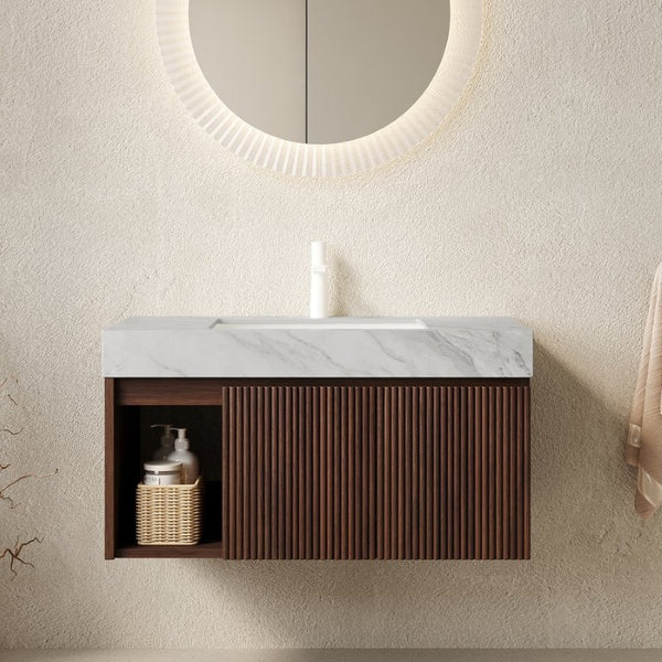 English Elm Eiden Floating Bathroom Vanity Fluted Walnut Cabinet with Sintered Stone Countertop Carrara Grey Vein W2615S00852