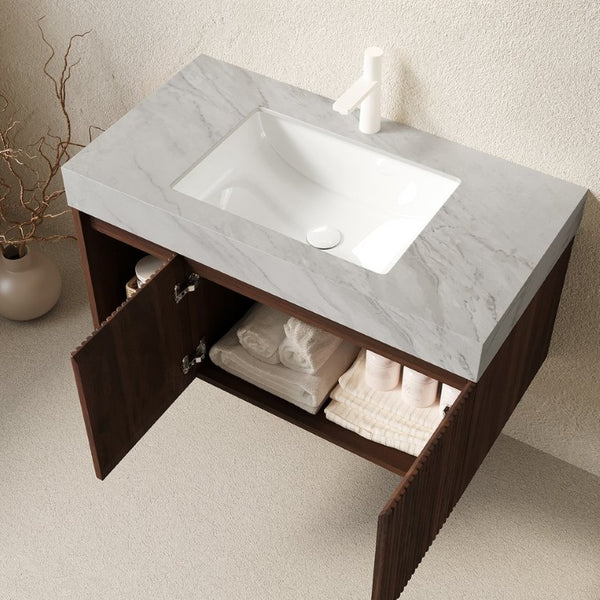 English Elm Eiden Floating Bathroom Vanity Fluted Walnut Cabinet with Sintered Stone Countertop Carrara Grey Vein W2615S00852