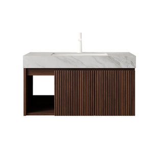 English Elm Eiden Floating Bathroom Vanity Fluted Walnut Cabinet with Sintered Stone Countertop Carrara Grey Vein W2615S00852