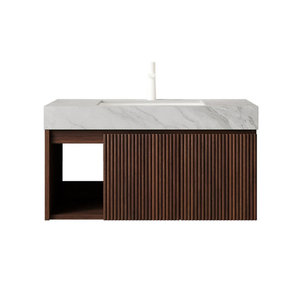 English Elm Eiden Floating Bathroom Vanity Fluted Walnut Cabinet with Sintered Stone Countertop Carrara Grey Vein W2615S00852
