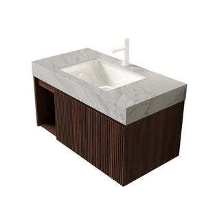 English Elm Eiden Floating Bathroom Vanity Fluted Walnut Cabinet with Sintered Stone Countertop Carrara Grey Vein W2615S00852