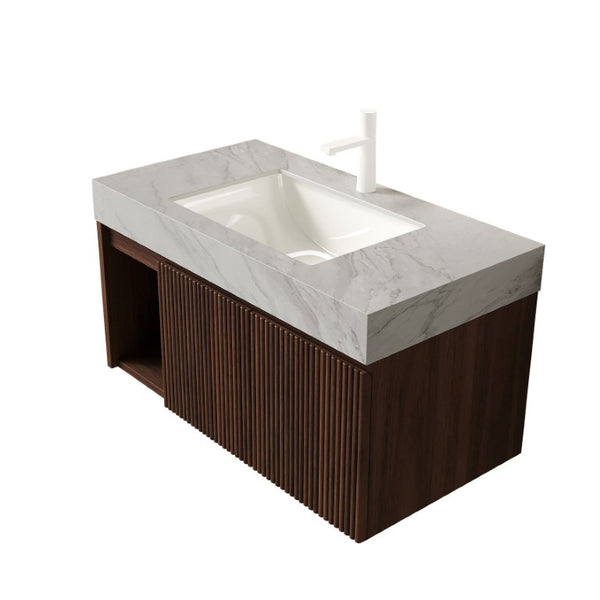 English Elm Eiden Floating Bathroom Vanity Fluted Walnut Cabinet with Sintered Stone Countertop Carrara Grey Vein W2615S00852