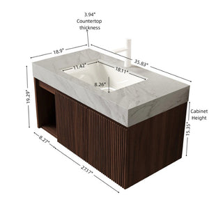 English Elm Eiden Floating Bathroom Vanity Fluted Walnut Cabinet with Sintered Stone Countertop Carrara Grey Vein W2615S00852