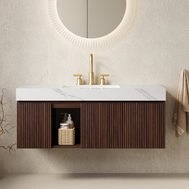 English Elm Eiden 48 Inch Floating Bathroom Vanity with Fluted Doors and Sintered Stone Top Carrara White W2615S00855