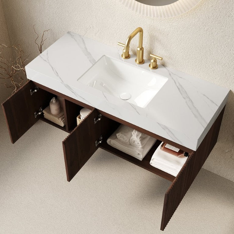 English Elm Eiden 48 Inch Floating Bathroom Vanity with Fluted Doors and Sintered Stone Top Carrara White W2615S00855