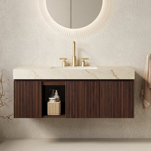 English Elm Eiden Floating Bathroom Vanity Fluted Cabinet Sintered Stone Top Walnut Finish W2615S00857